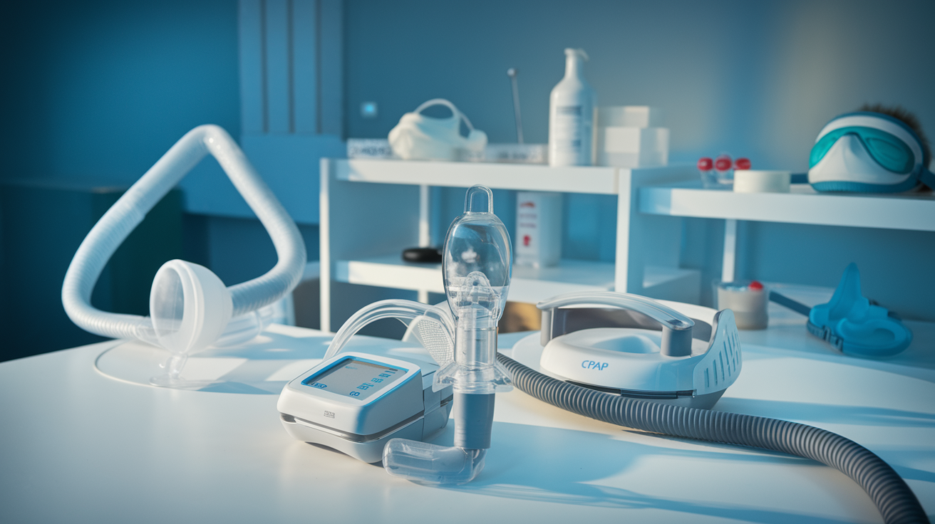 Person using a CPAP machine next to other sleep apnea treatment options.