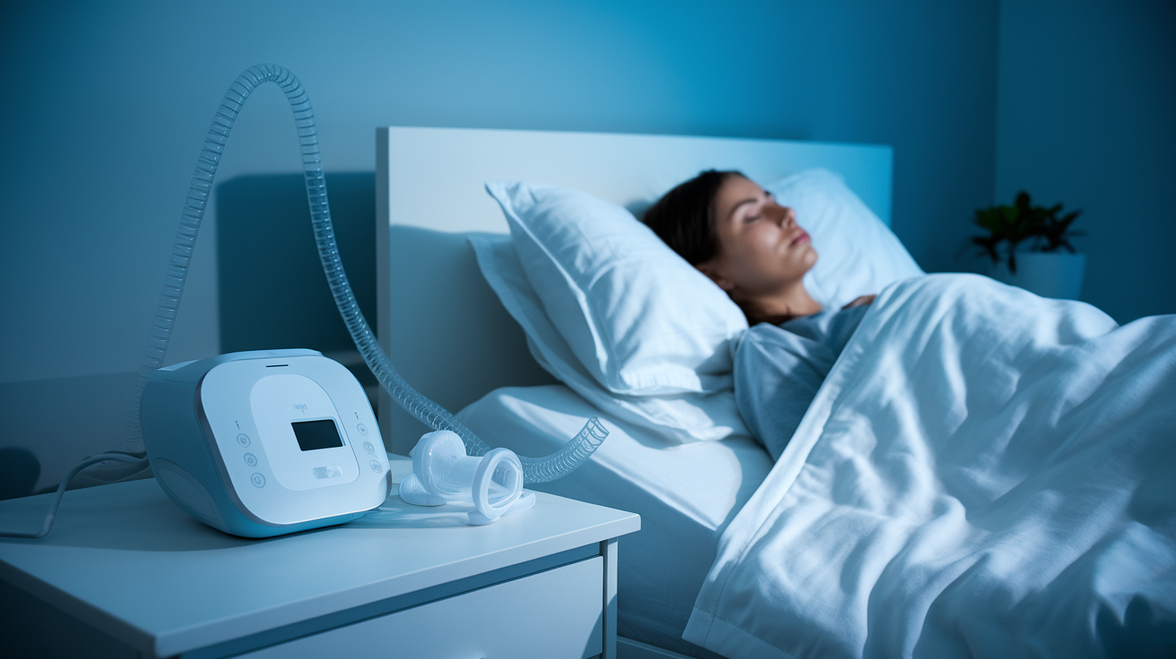 Patient using CPAP machine alongside other sleep apnea treatment devices on nightstand