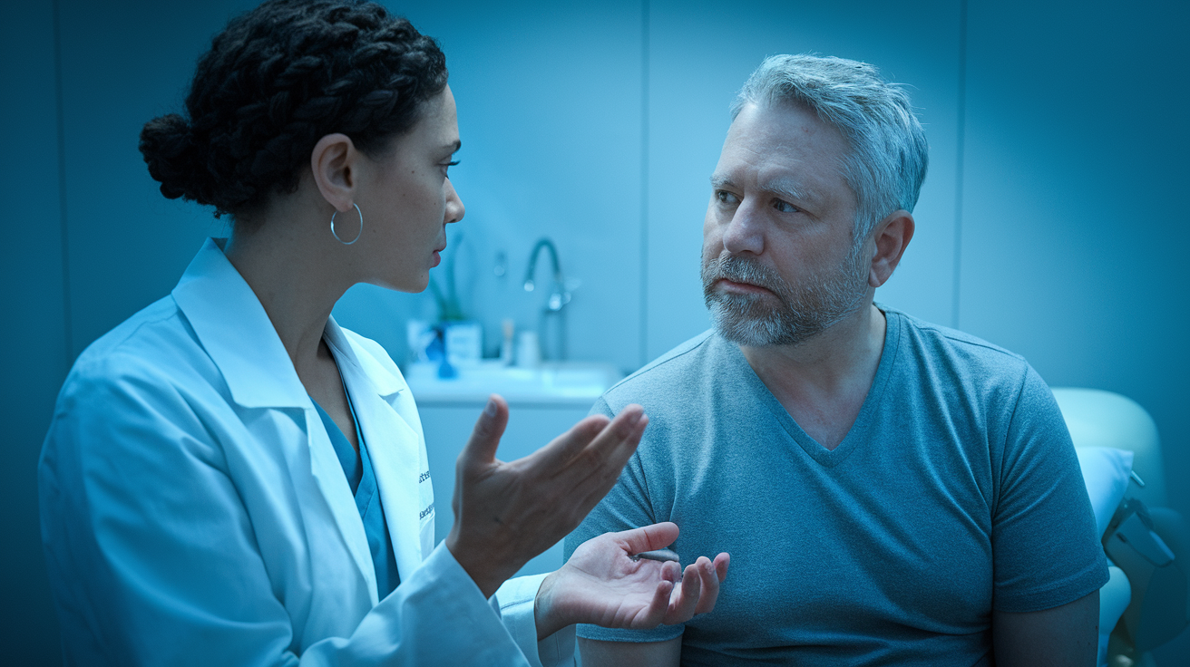 Medical professional explaining Inspire therapy eligibility criteria to sleep apnea patient during consultation