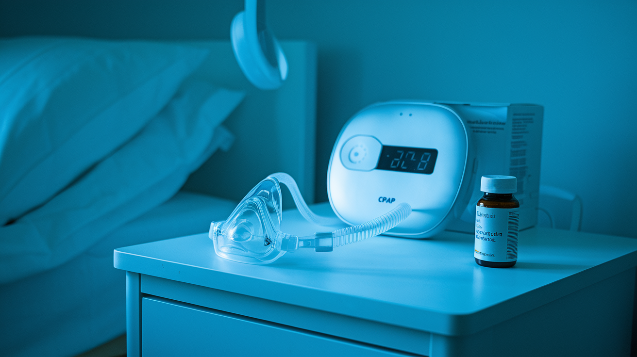 Comparison between CPAP machine and new sleep apnea medication on a bedside table