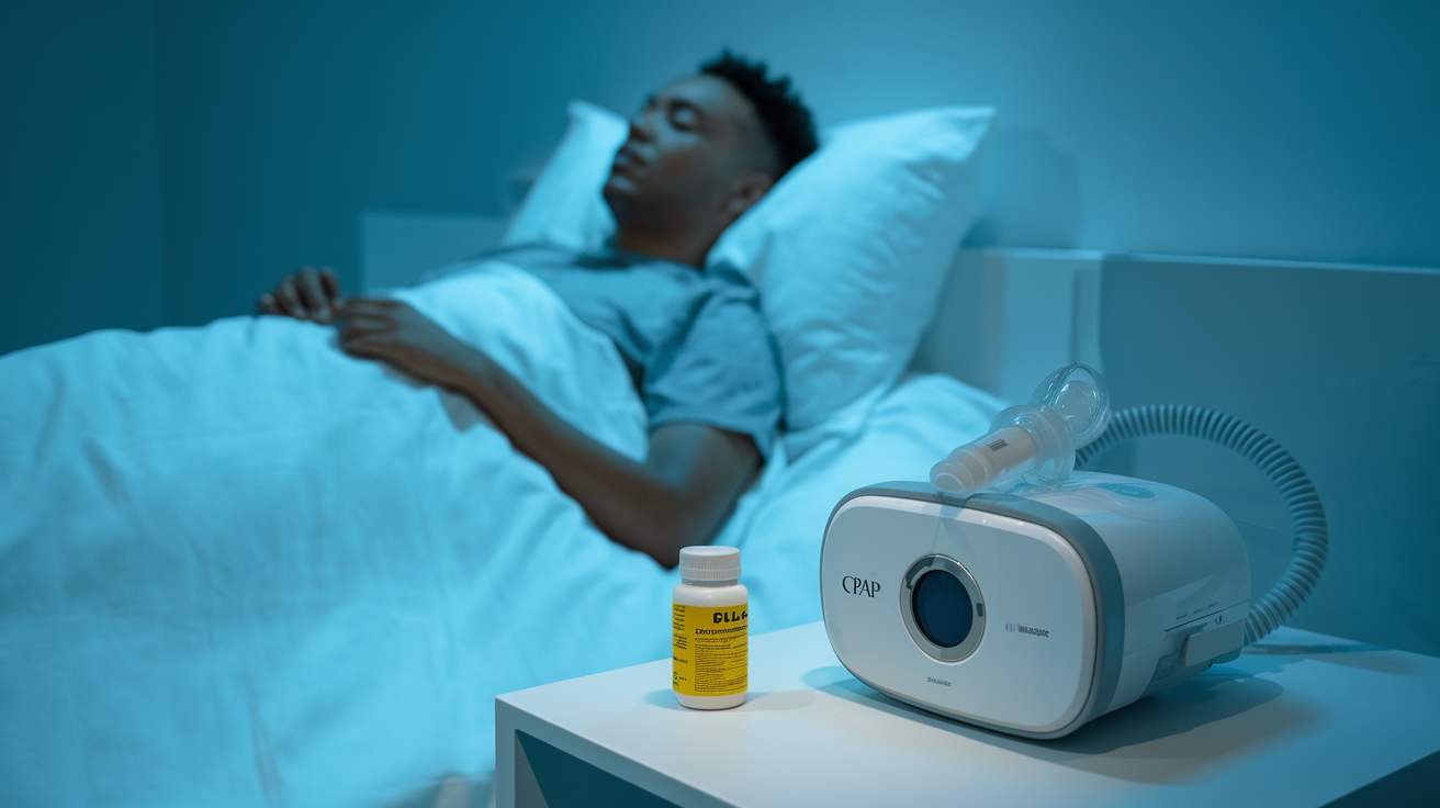 Sleep apnea patient comparing pill medication with CPAP machine on bedside table