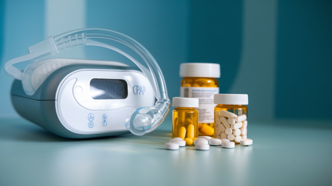 CPAP machine next to prescription bottles showing sleep apnea treatment options comparison