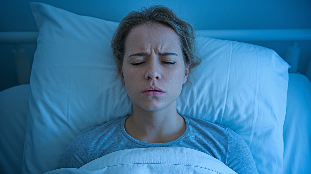 A woman looking restless in bed, illustrating sleep apnea symptoms