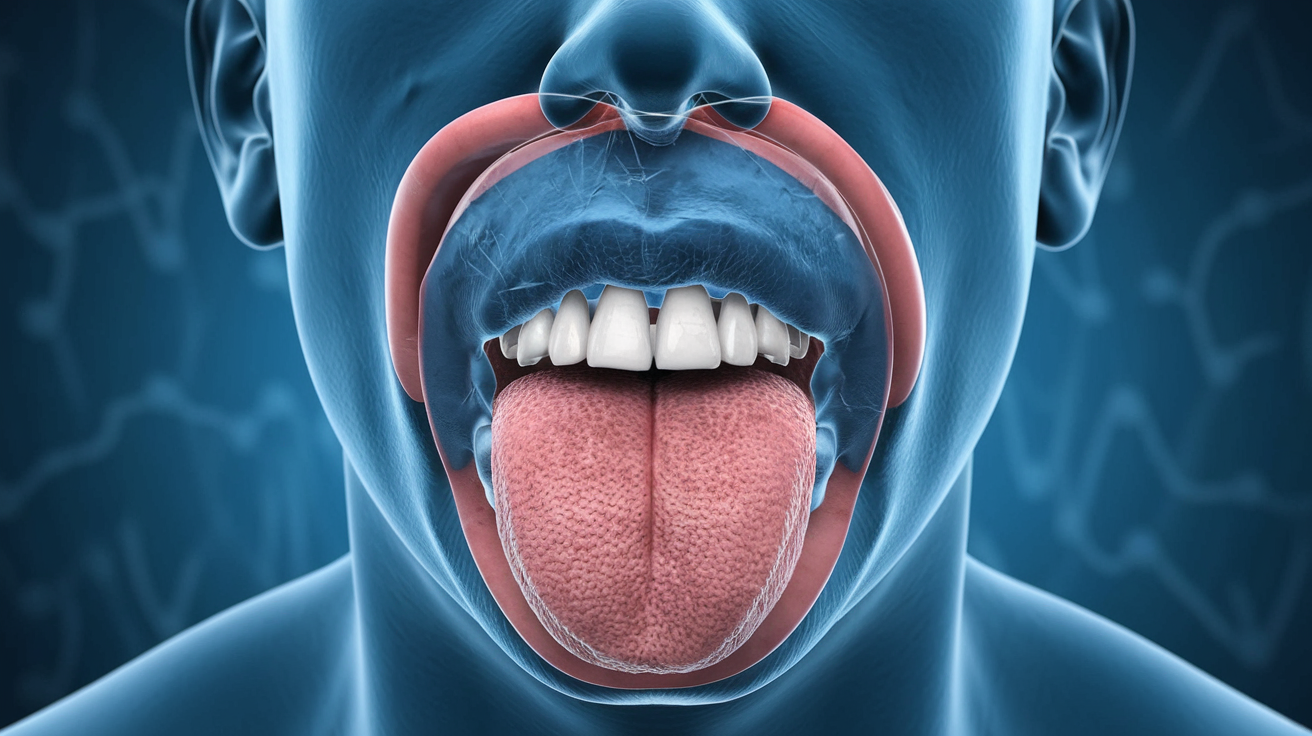 Medical illustration showing tongue base anatomy and surgical access points for sleep apnea treatment